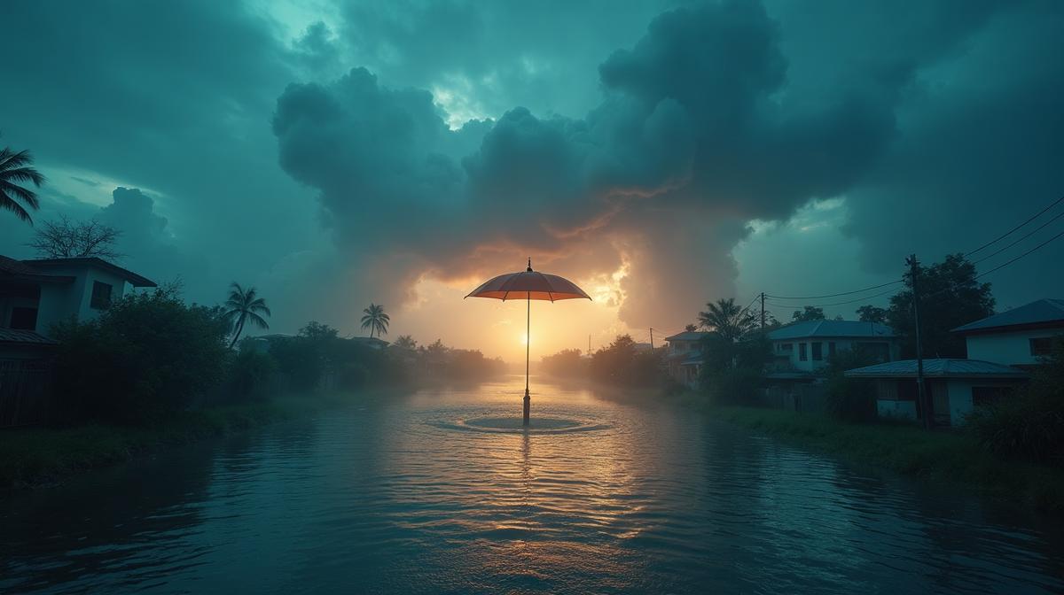 Dramatic storm clouds over flooded area with insurance umbrella protection
